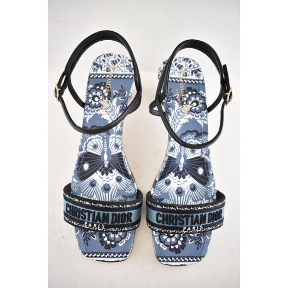 Dior Bandana Embroidered Black Blue Dway Heeled Sandal Strap Low Heel Pump 40 - Picture 9 of 13